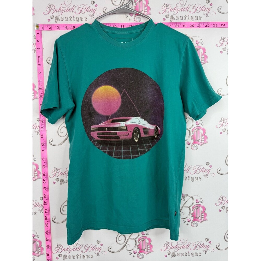 DJAB tshirt sunset car tee Retro Teal Graphic Tee with Pink Sports Car